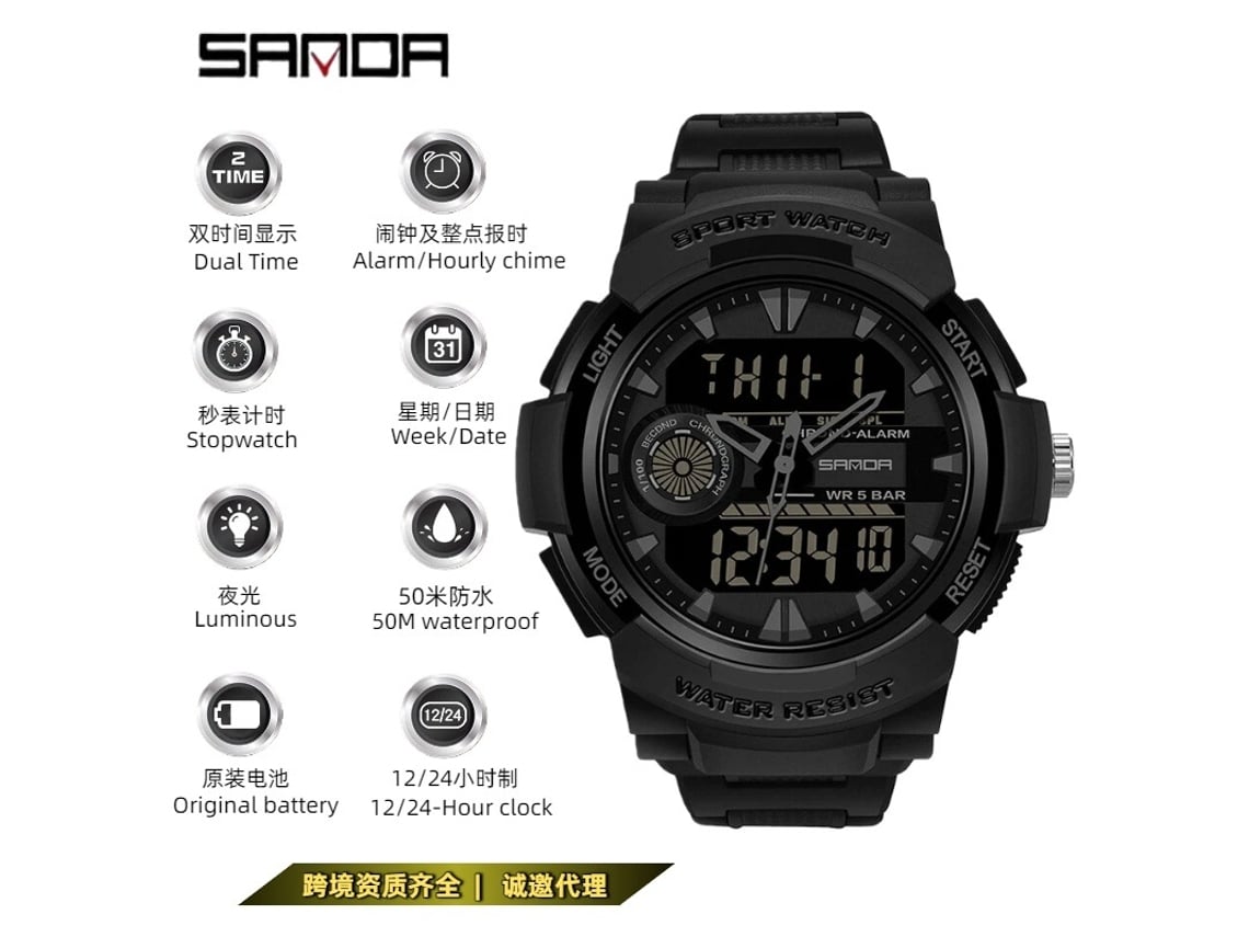 Reloj Electrónico Deportivo De Estilo Militar (totalmente Negro) Resistente Al Agua, Moderno Y Luminoso.