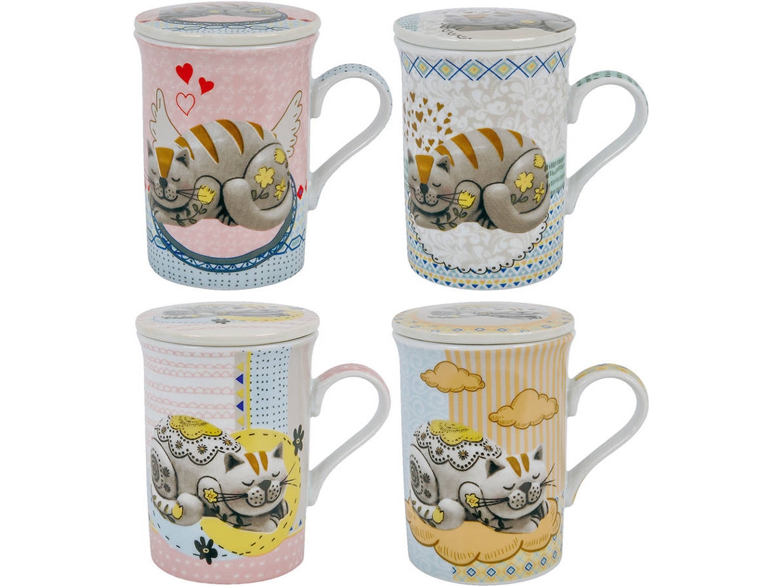 Signes Grimalt  - Mug - Taza con filtro 4 Unidades Multicolor de Porcelana | Mug Vaso Tetera De Hierro Tetera China 11x8x11cm