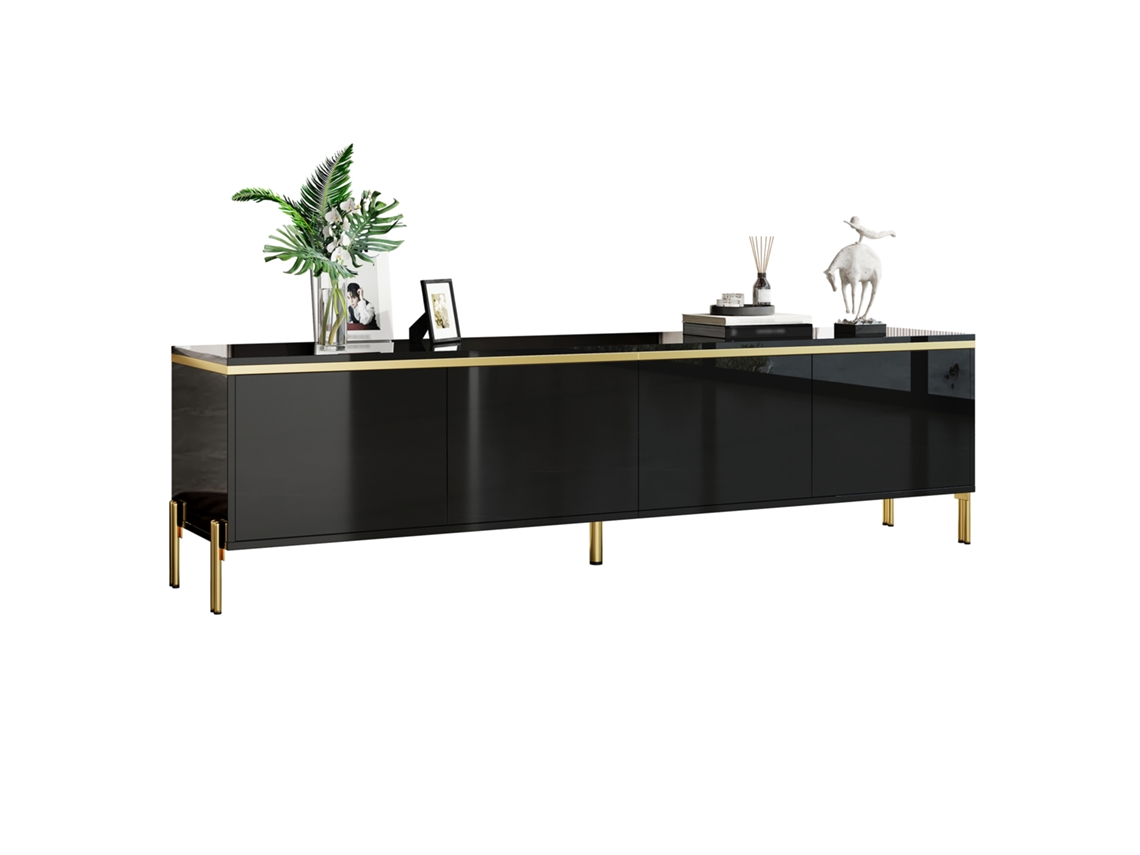 Mueble Tv Moderno - 4 Puertas, Alto Brillo, Almacenamiento, Borde Dorado - Negro