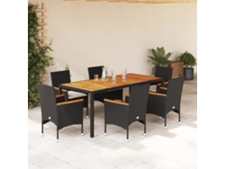 Juego de comedor de jardín de 7 piezas con cojines, mimbre de acacia negro, Dkd Home Decor
