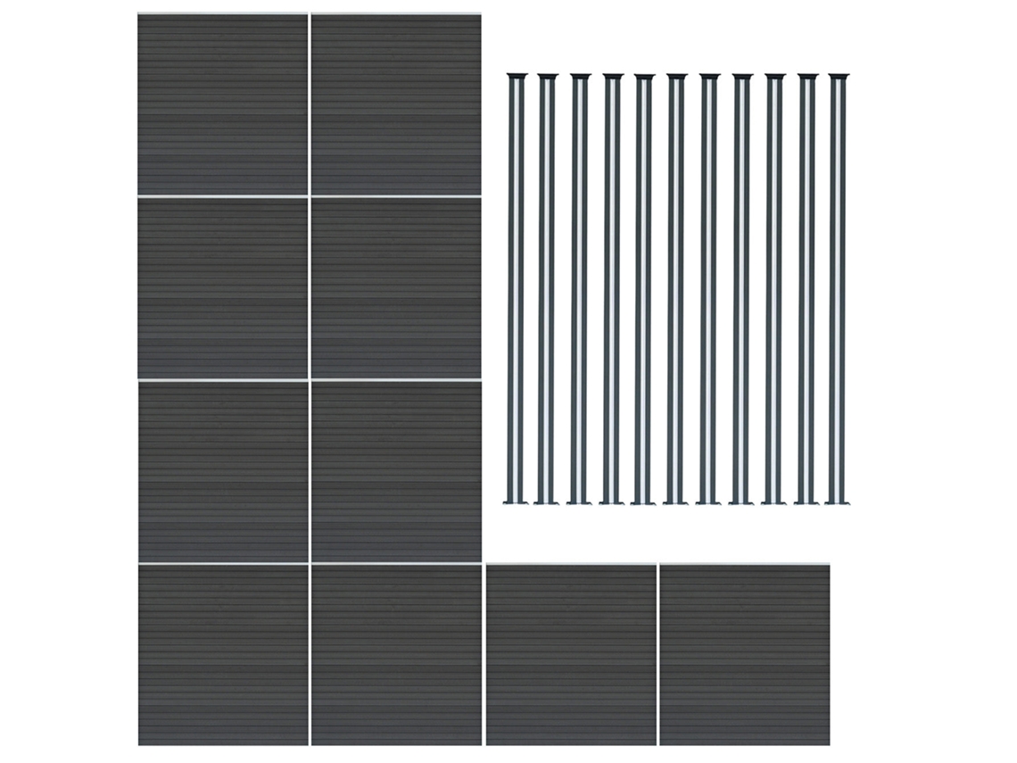 Valla exterior WPC 185 x 1737 cm | Gris | 10 paneles, 11 postes de aluminio con LED solar | Panel de doble cara | Monstershop