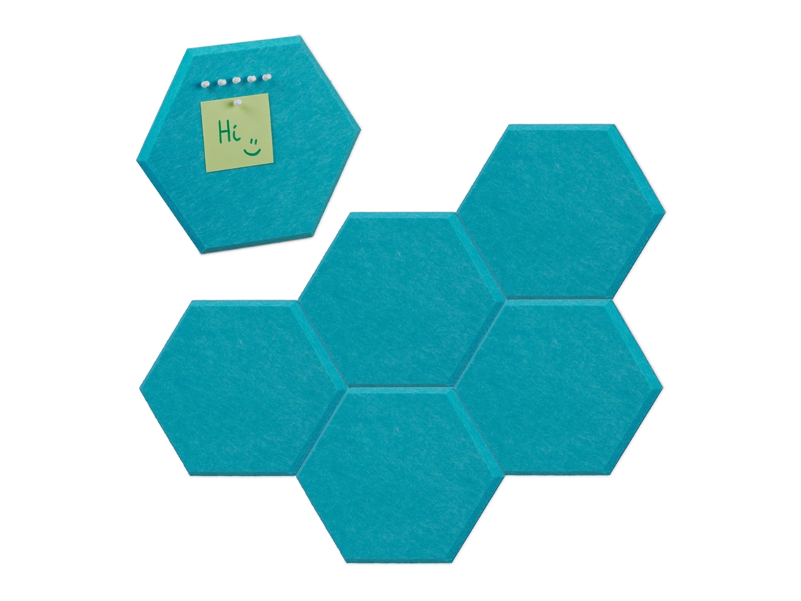 Relaxdays Set 6 Tableros De Fieltro Hexagonales, Fieltrogramas, Pizarras Anuncios, 26x30x0,9 Cm, Incl. Chinchetas, Azul