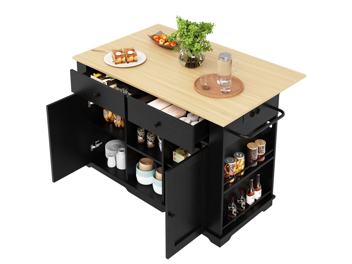 Carrito de cocina móvil, aparador con cubierta de madera, enchufes integrados, isla y gabinete negro - BGA Store