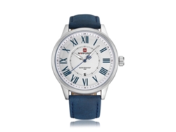 Reloj De Cuarzo Impermeable Naviforce Para Hombre Con Correa De Pu, Elegante En Blanco Y Azul.