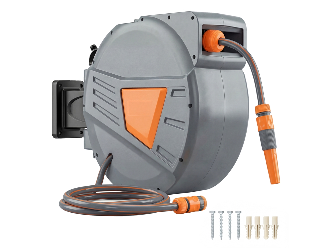 Carrete De Manguera Retráctil De 30+2 M, Boquilla De 2 Modos, Mecanismo De Bloqueo Automático, Soporte Naranja.