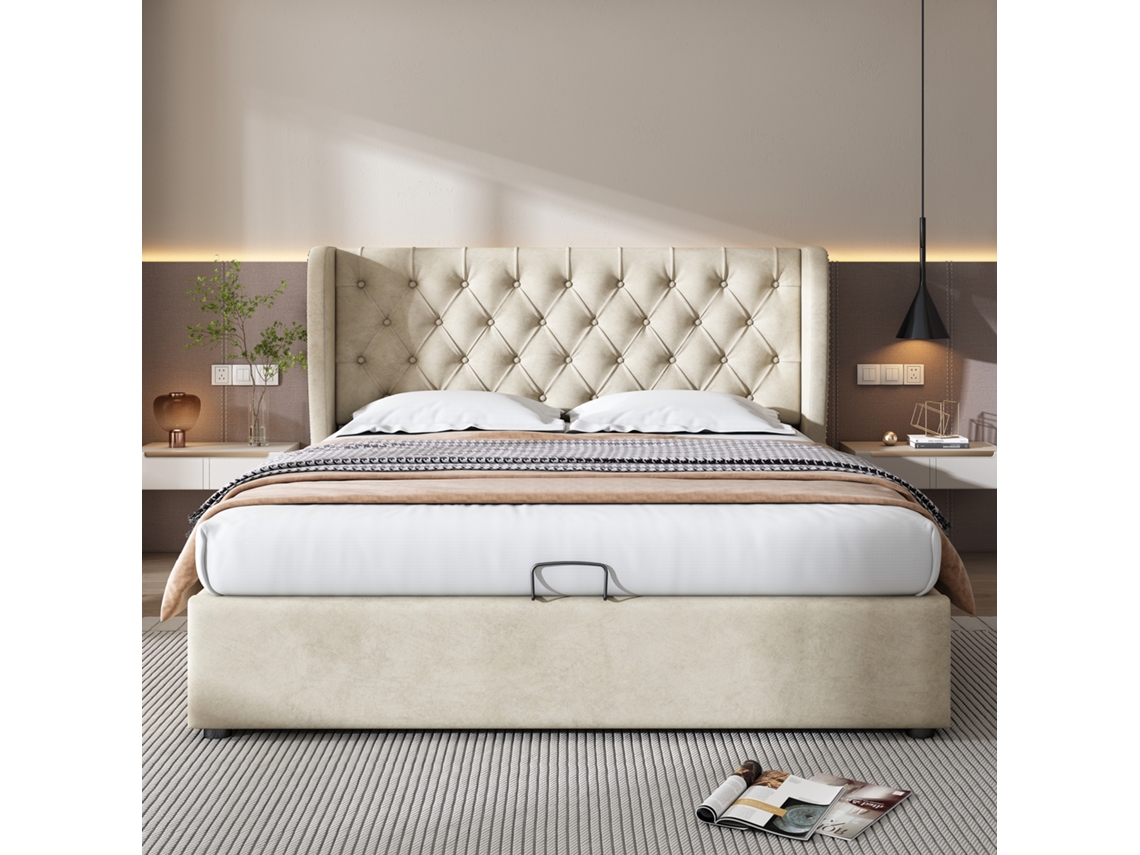 Cama Tapizada 160 X 200 - Cama Hidráulica Funcional Con Almacenamiento Y Tejido De Terciopelo - Beige
