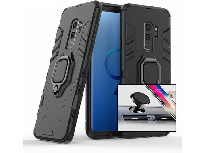 Kit Carcasa y Soporte Magnetico Auto Samsung Galaxy S9+ Military Defender Negro