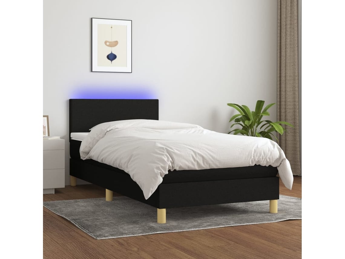 Cama Box Spring Colchón Y Luces Led Tela Negro 80x200 Cm
