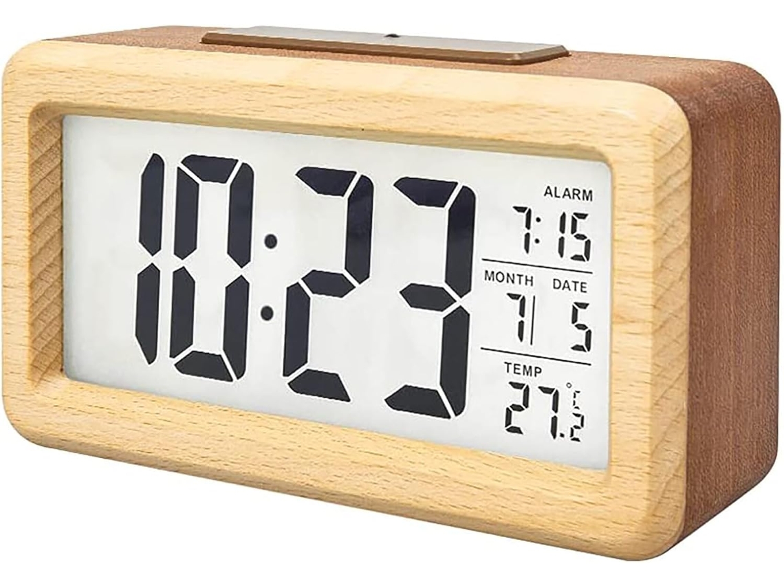 Despertador digital de madera, LCD, a pilas, temperatura/datos, snooze, retroiluminación, sin tic tac Kofihety