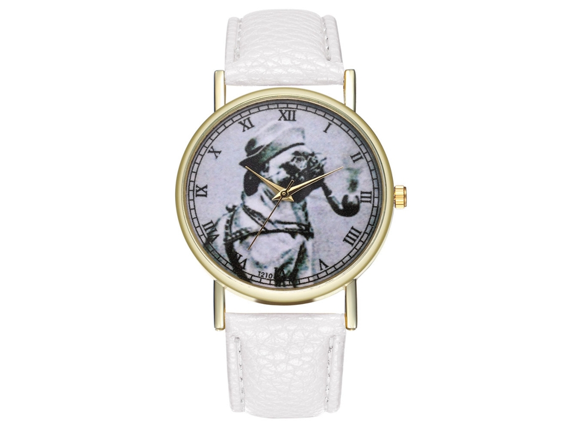 Reloj Antiguo De Moda Perro Fumador Para Mujer Y Hombre Con Correa De Cuero Blanco