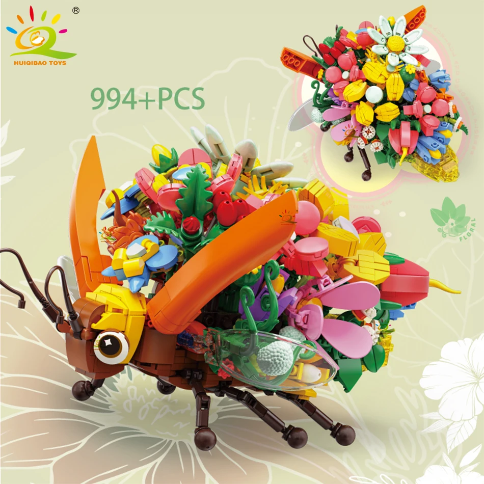Juguetes decorativos de bloques de construcción con forma de flores e insectos (MOC)