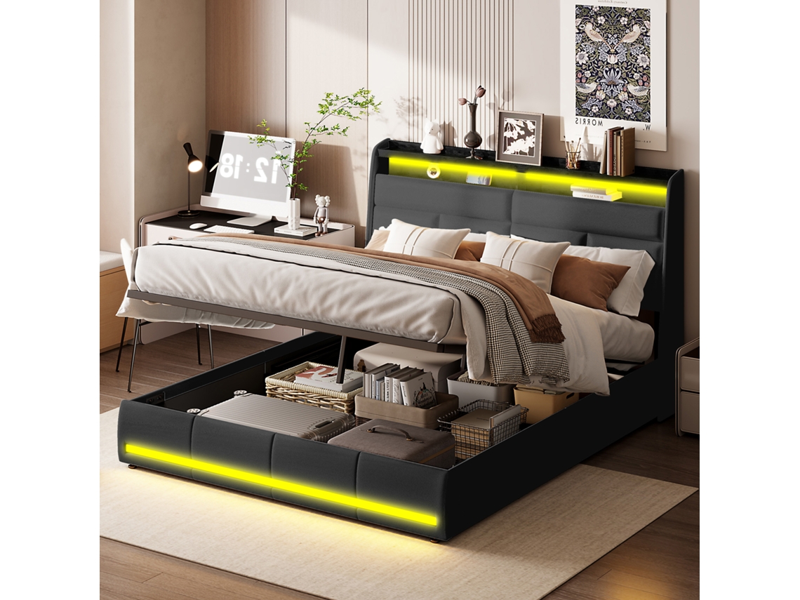 Cama Tapizada De 140x200 Cm, Cama Doble, Con Compartimento De Almacenaje, Led Con Control Por Aplicación, Tela De Piel Sintética - Negro