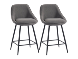 Juego de 2 taburetes de bar de pana con patas de acero gris.
