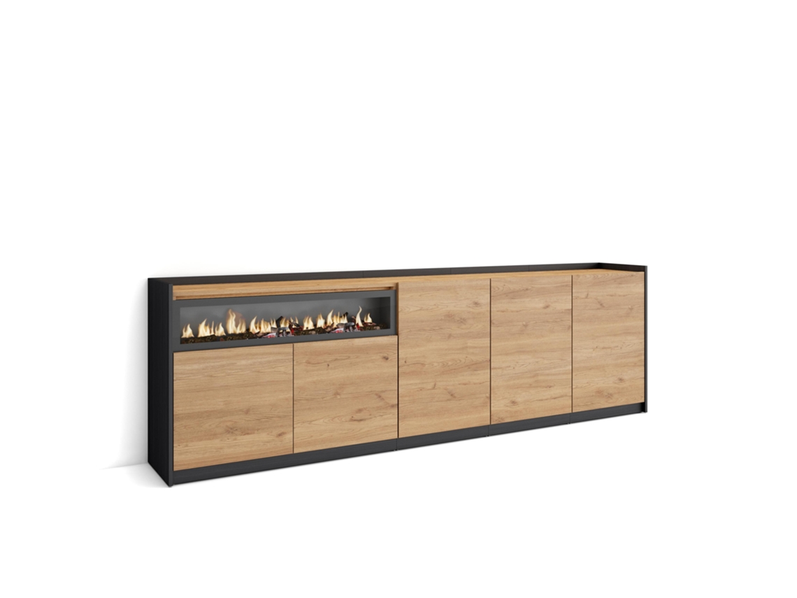 Aparador de comedor, 260x37x80cm, 5 puertas, chimenea eléctrica, roble y negro.