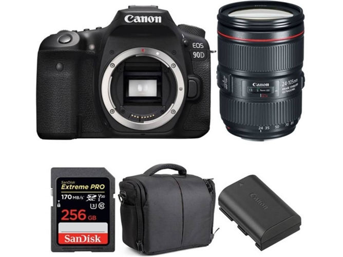 Kit Cámara Réflex CANON EOS 90D + EF 24-105mm f/4L IS II USM + SanDisk 256GB + LP-E6N + Bolsa