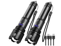 Linterna de bolsillo Yunzii XHP50 negra con zoom (paquete de 2) con batería recargable, 3000 lúmenes de brillo.