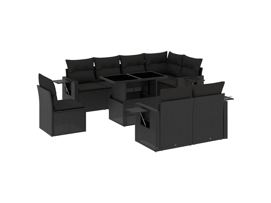 Conjunto de 9 sofás de jardín con cojines, mimbre, negro, MAISON EXCLUSIVE (9 piezas)