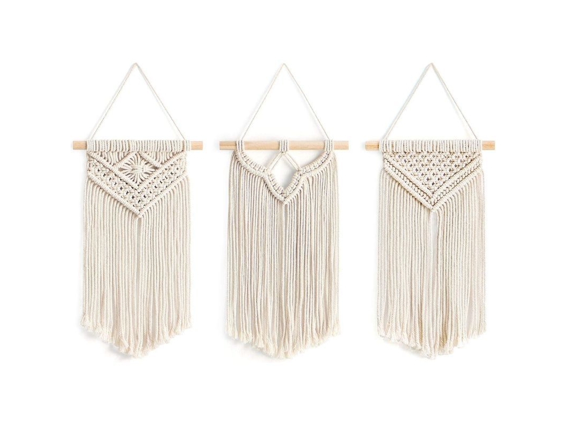 Pack de 3 macramé para pared, decoración bohemia hecha a mano en algodón puro, 20x35 cm