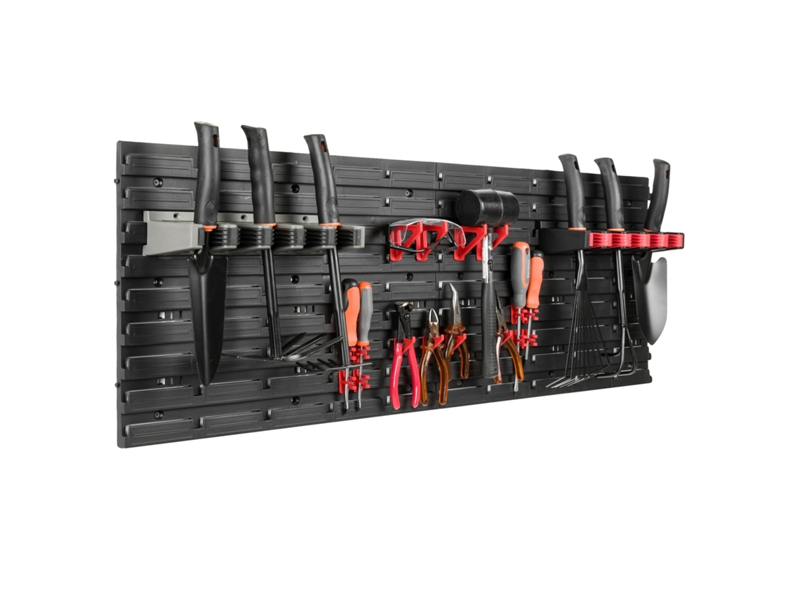 Tablero organizador para taller, 115 x 39 cm, material plástico, montaje móvil, compatible con diversas herramientas, fácil instalación en la pared.