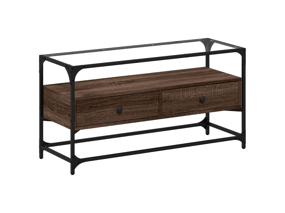 Maison Exclusive - Mueble Tv Cristal Y Madera Ingeniería Marrón Roble 98x35x51 Cm