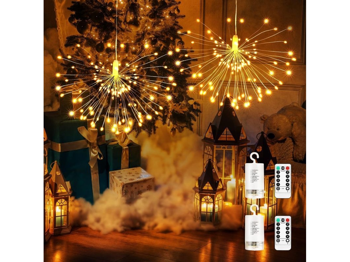 Luces De Fuegos Artificiales, Paquete De 2, 120 Led, A Pilas, Para Interiores Y Exteriores, Ip65, Cable De Cobre, 8 Modos, Con Control Remoto.