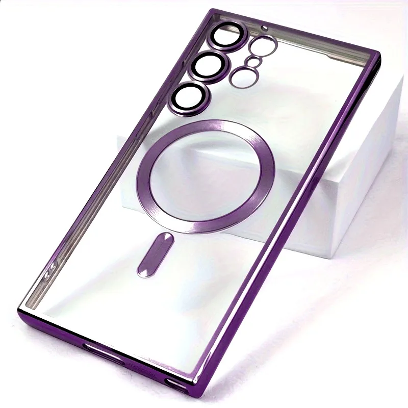 (galaxy S26 Morado) Funda Magnética Transparente Galvanizada Para Samsung, Protector De Lente Suave