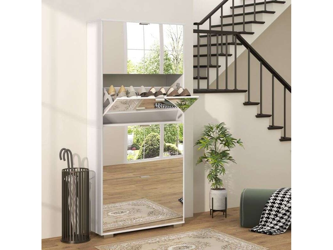Zapatero 2 en 1 con espejo, 4 puertas con bisagras, estantes ajustables, capacidad para hasta 24 pares, 76 × 26 × 168 cm.