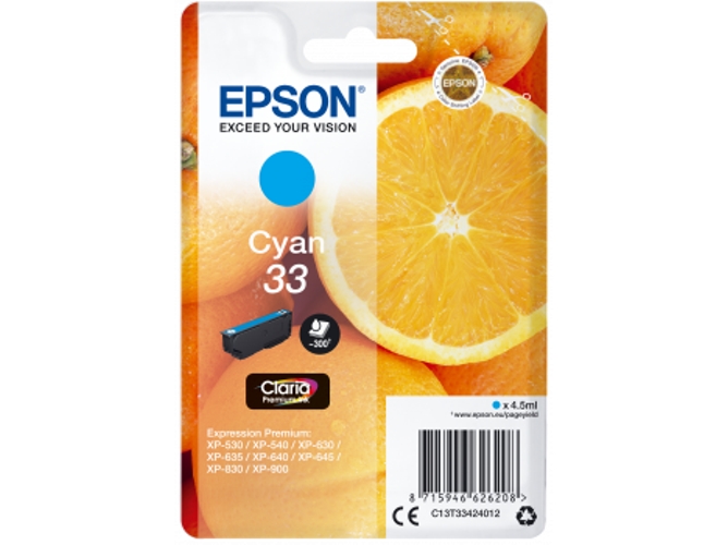 Cartucho de tinta original EPSON, 33, Naranjas 4,5 ml , Cian, Estándar, C13T33424012, T3342