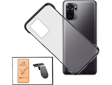 Kit Cristal Templado CeramicGlass Full Cover, Funda Invisible Bumper y Soporte Magnético de Coche Xiaomi Redmi Note 10s PHONECARE Transparente Negro