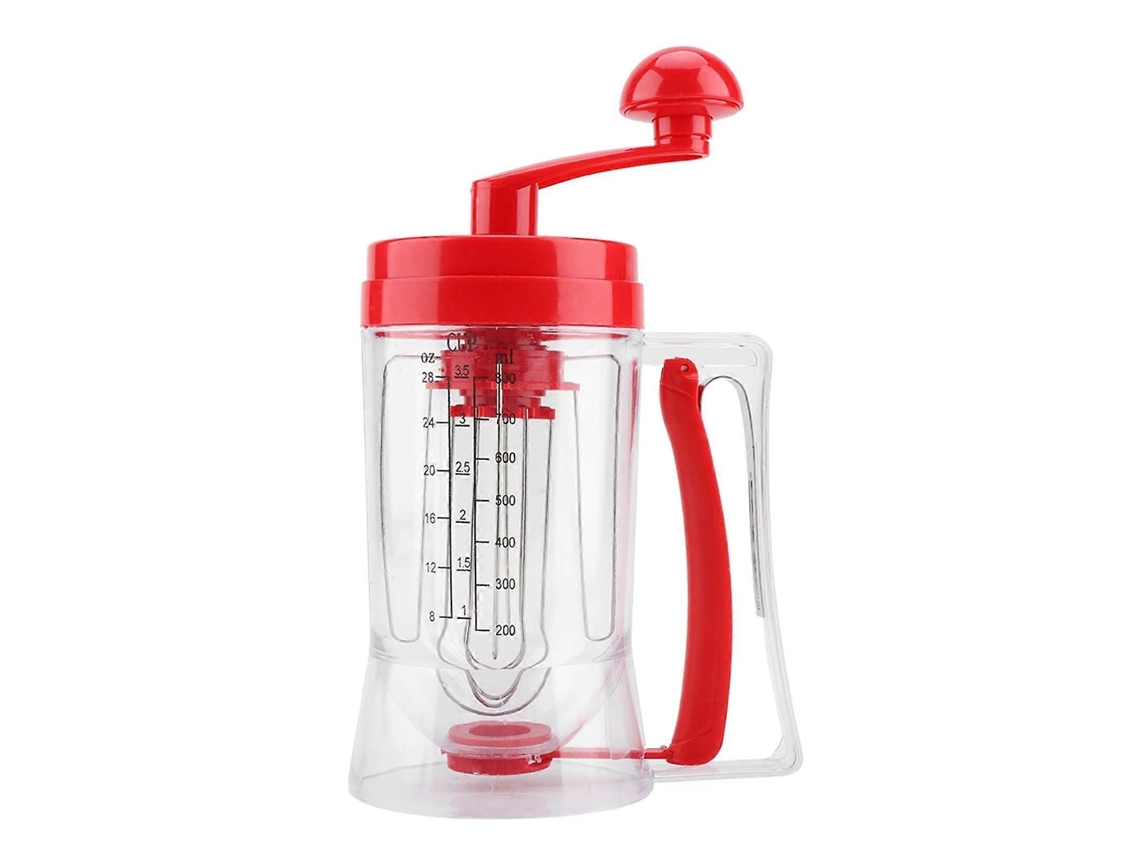 Dispensador manual portátil para masa de panqueques con marcas de medición para mezclar cupcakes sin ensuciar.