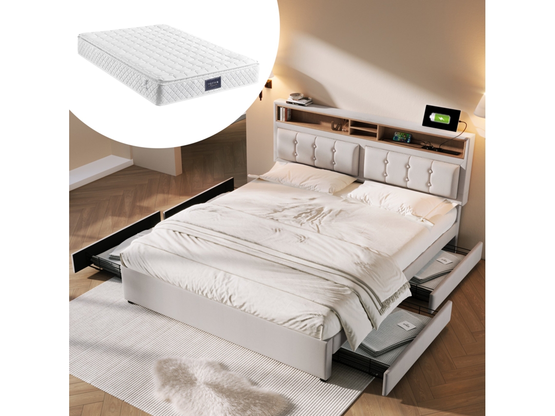 Cama Doble 160x200 Cm - Cama Con 4 Cajones, Toma Usb C, Cabecero Ajustable, Somier De Madera - Gris