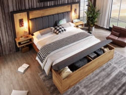 Cama Doble 180x200 - Cama Tapizada Con Lámpara De Lectura, Mesita De Noche Con Usb C Y Banco Con Almacenamiento - Roble