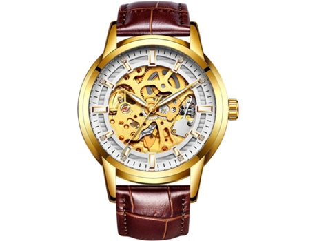 VENAXIN Relojes deportivos automáticos de cuero con esqueleto hueco para hombre-blanco marrón VEANXIN
