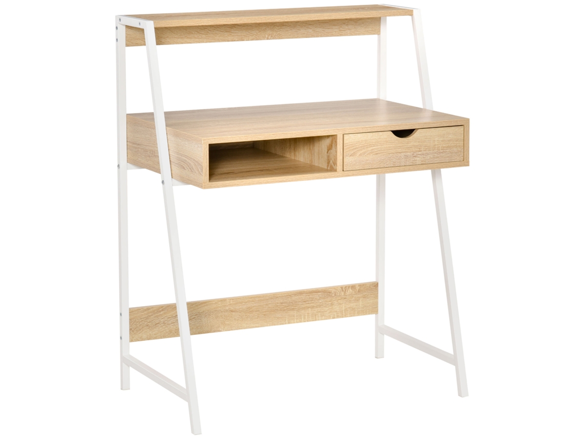 Escritorio De Secretaria , Escritorio Para Computadora, Estilo Neorretro, Cajón, Nicho, Estante, Metal Blanco, Acabado En Roble Claro.