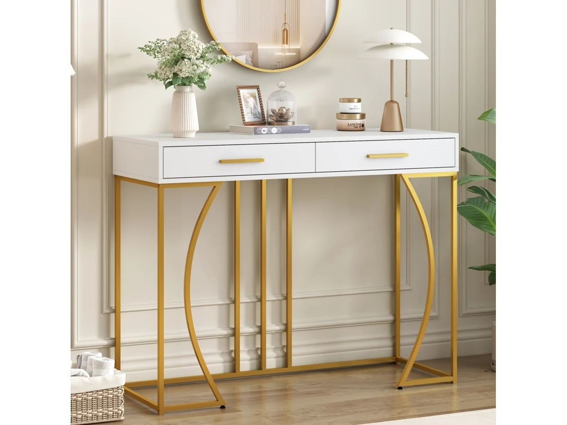 Mesa Consola Blanca Y Dorada Con 2 Cajones, Mesa Para Entrada Y Sala, Diseño Moderno De Lujo Ligero