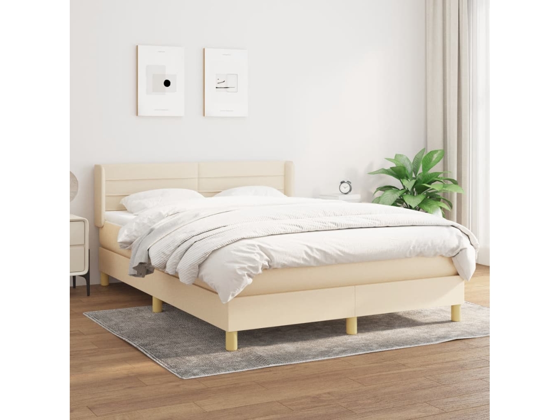 Cama Box Spring Con Colchón Tela Color Crema 140x200 Cm
