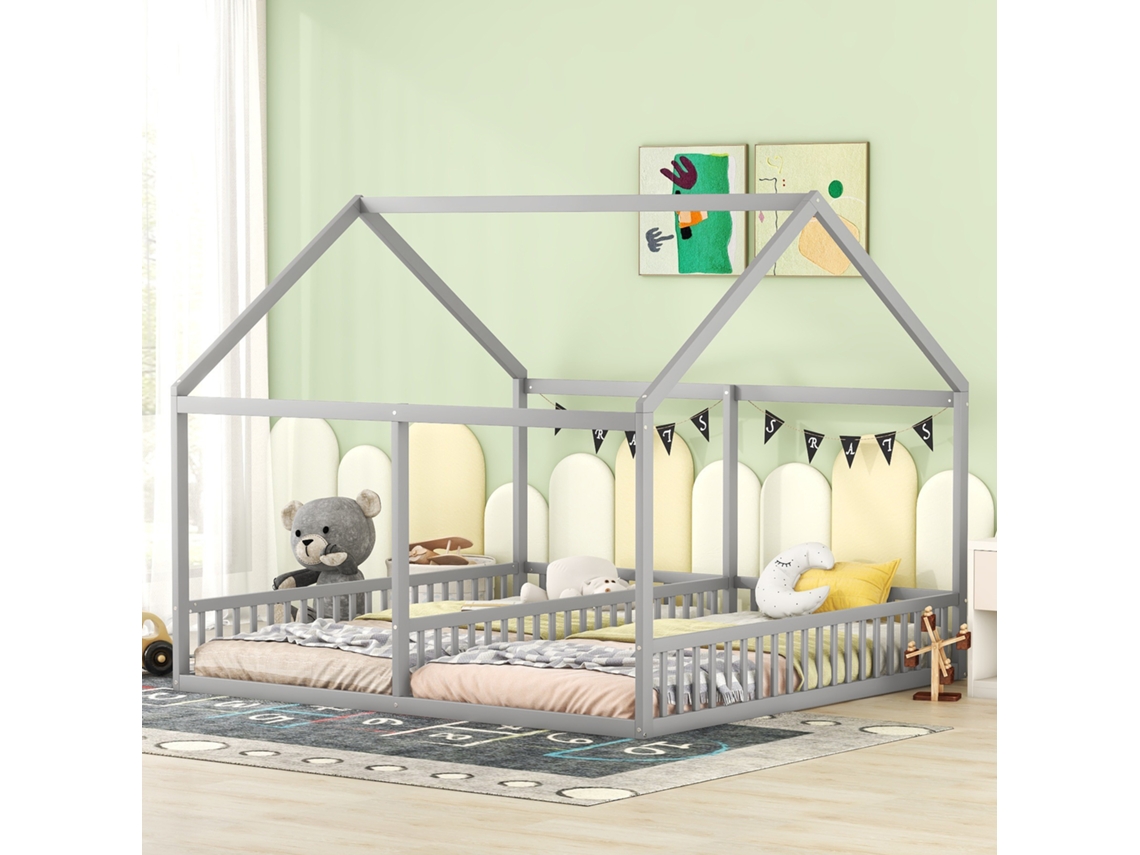Cama de madera de pino de 2 x 90 x 200 cm con techo de listones grises y base estilo cabaña