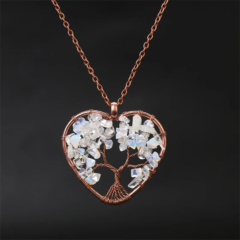 Collar con colgante de corazón de cristal de ópalo para la sanación de chakras, colgante del árbol de la vida. MDUG