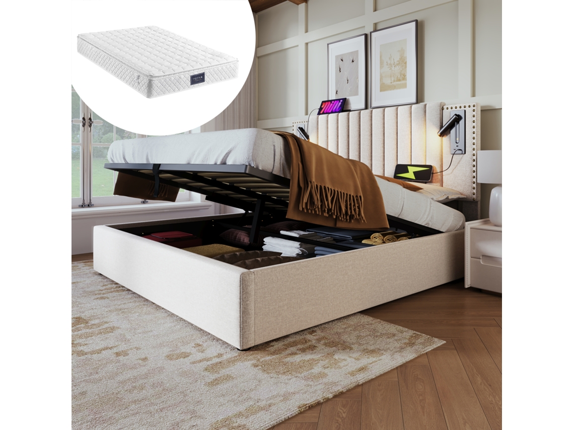 Cama Doble De 160x200 Con Espacio De Almacenamiento, Luz De Lectura, Puerto Usb, Cabecero Beige Con Remaches, Colchón Incluido.