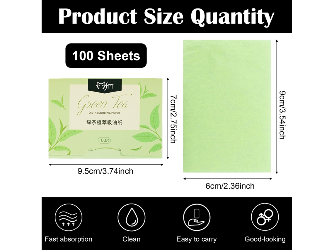 Toallitas absorbentes de aceite no irritantes, de lino con infusión de té verde y carbón de bambú, portátiles, 100 hojas para la preparación de la maternidad (6 cm x 9 cm)
