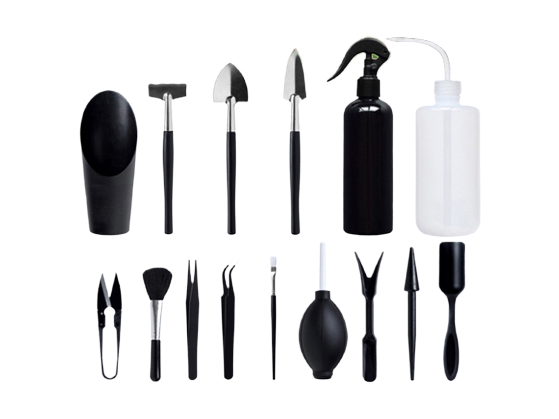 Kit De 15 Herramientas De Jardinería En Miniatura Para Bonsáis Y Suculentas - Set De Regalo - Abs Negro