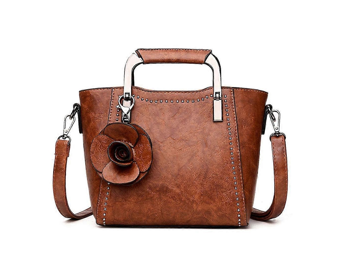 Bolso bandolera de piel para mujer con colgante de flor, bolso tote, bolso mensajero, marrón