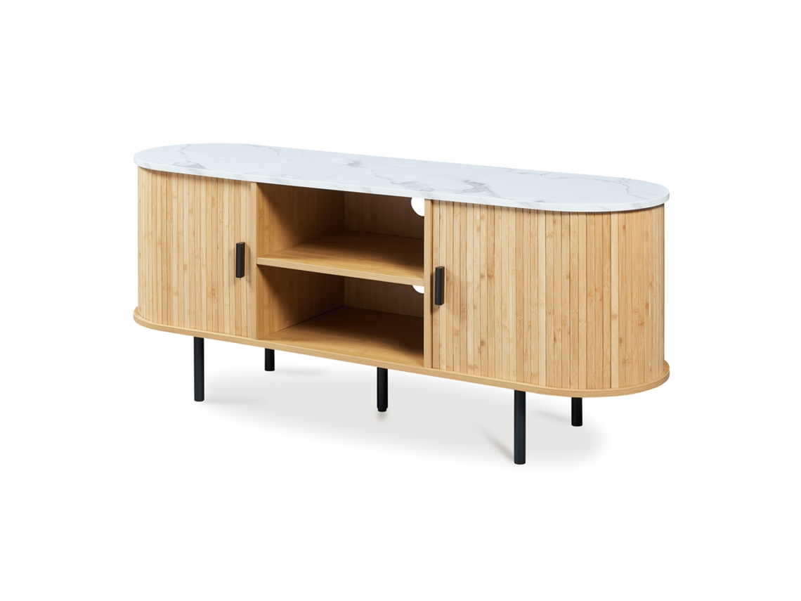 Mueble para TV Tvedestrand con 2 puertas 140 x 40 x 55 cm Bambú natural Mármol blanco [EN.CASA]