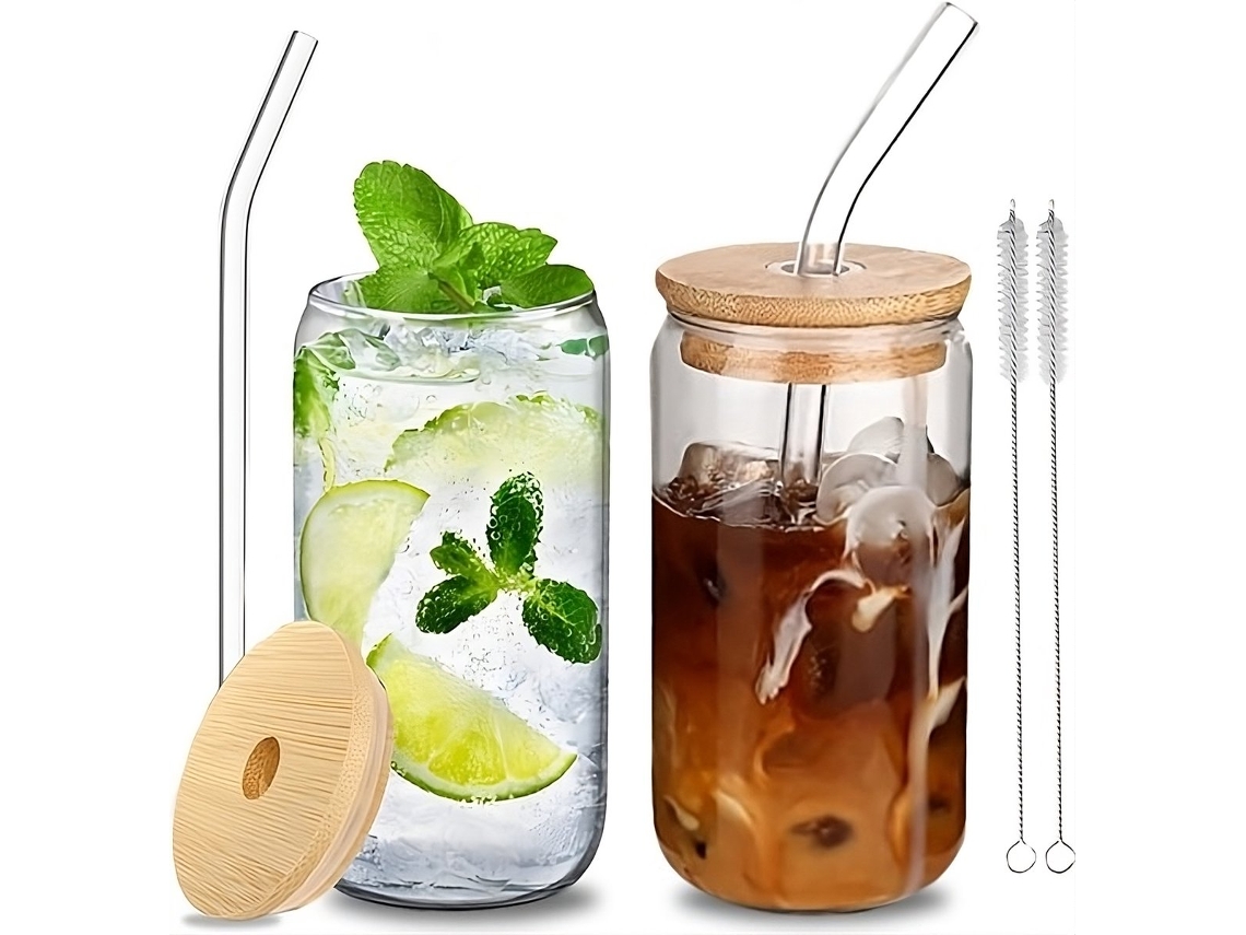 2 Tazas De Vidrio 500 Ml Para Café Chá Coquetel Con Canudos E Batedores