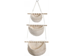Cesta colgante con tres compartimentos y cuerda de algodón para guardar diversos artículos.