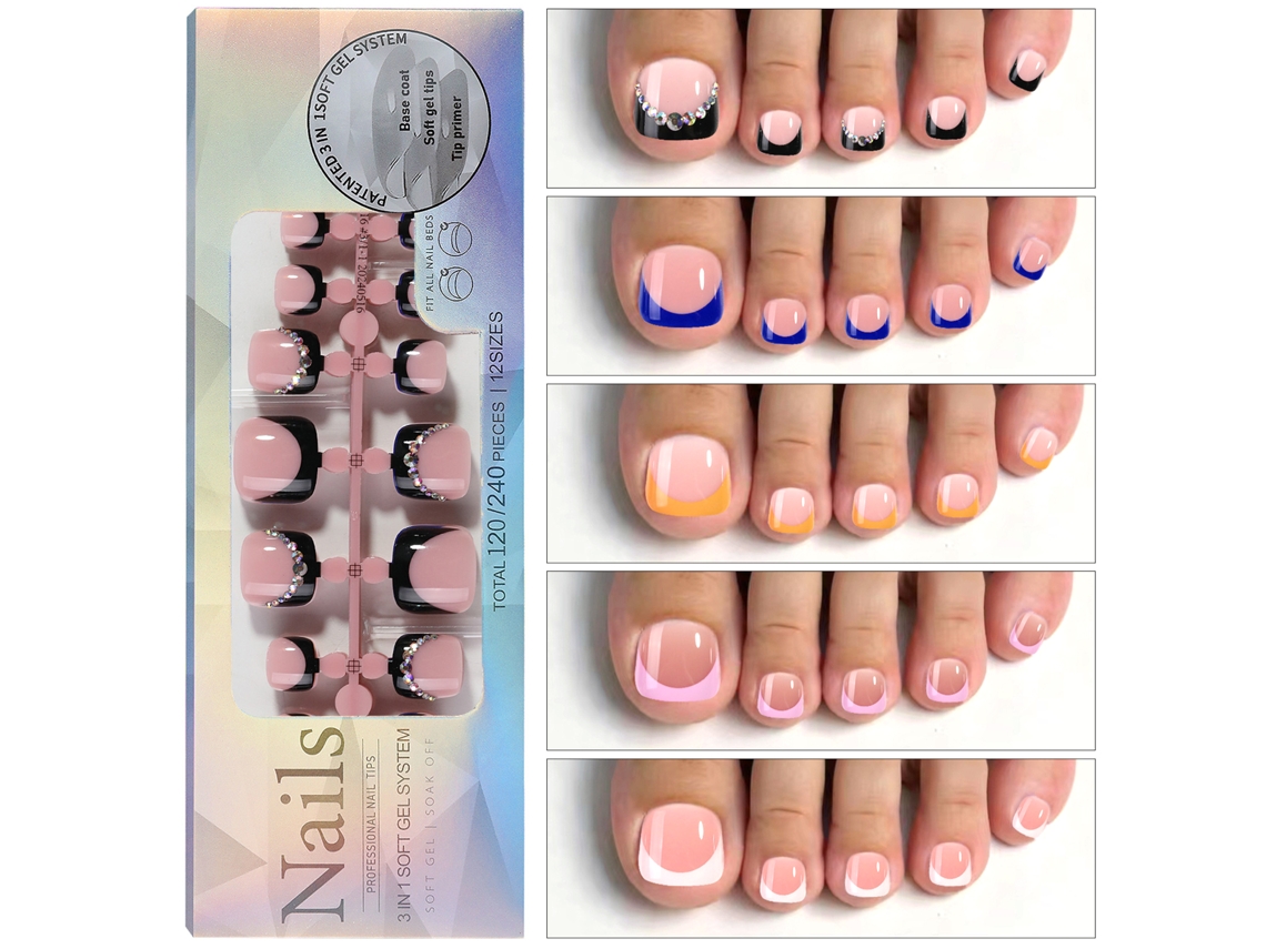Rebe - 120 unidades de uñas postizas de gel francesas para los pies, 12 tamaños, uñas de presión para decoración de uñas casera.