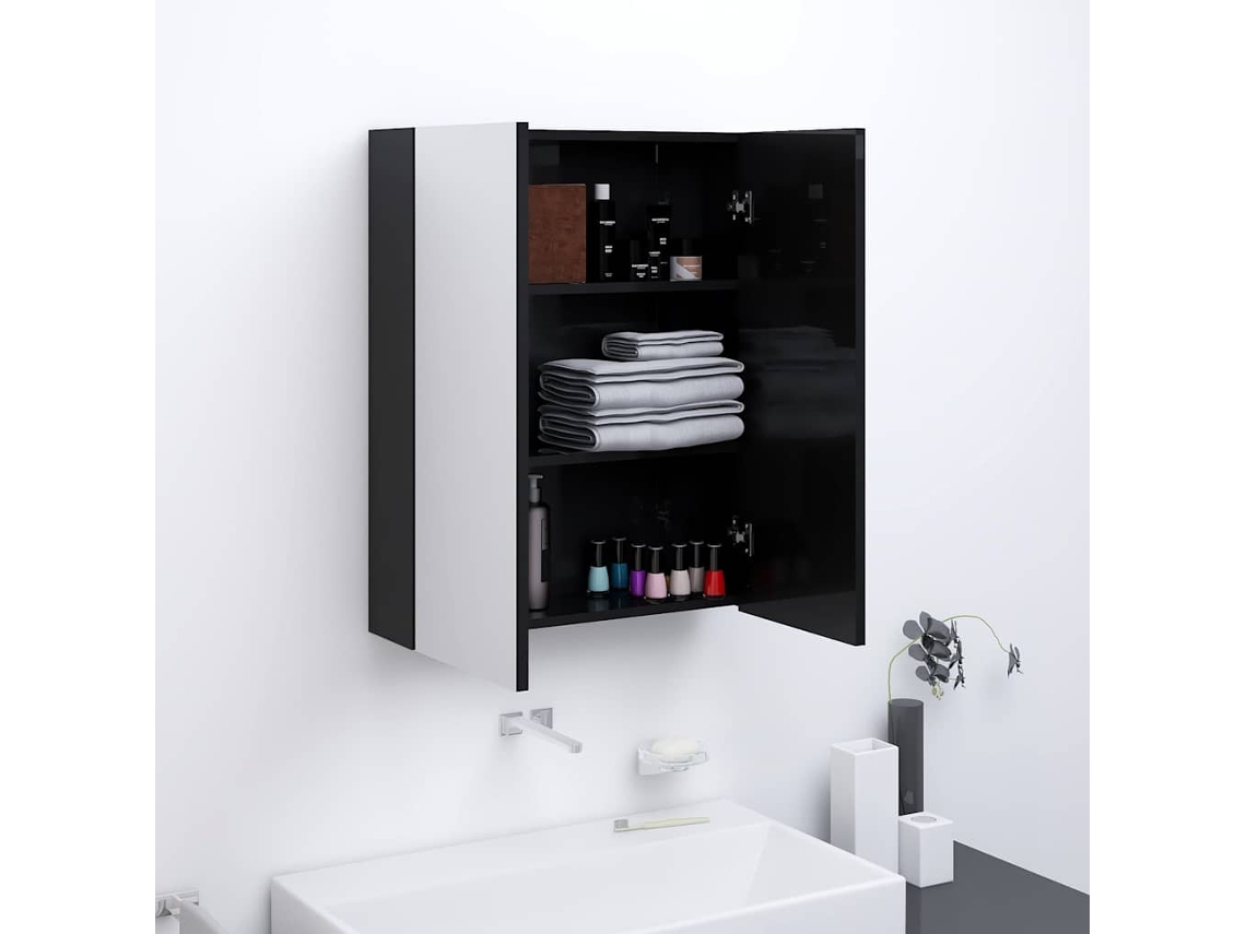 Armario De Espejo De Baño Mdf Negro Brillante 60x15x75 Cm