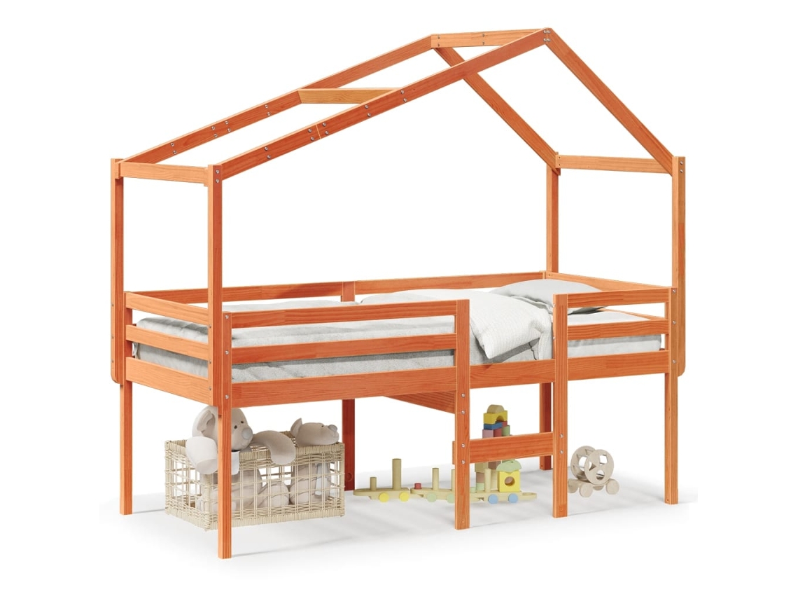 Cama alta con techo 75x190 cm pino macizo marrón miel Dkd Home Decor