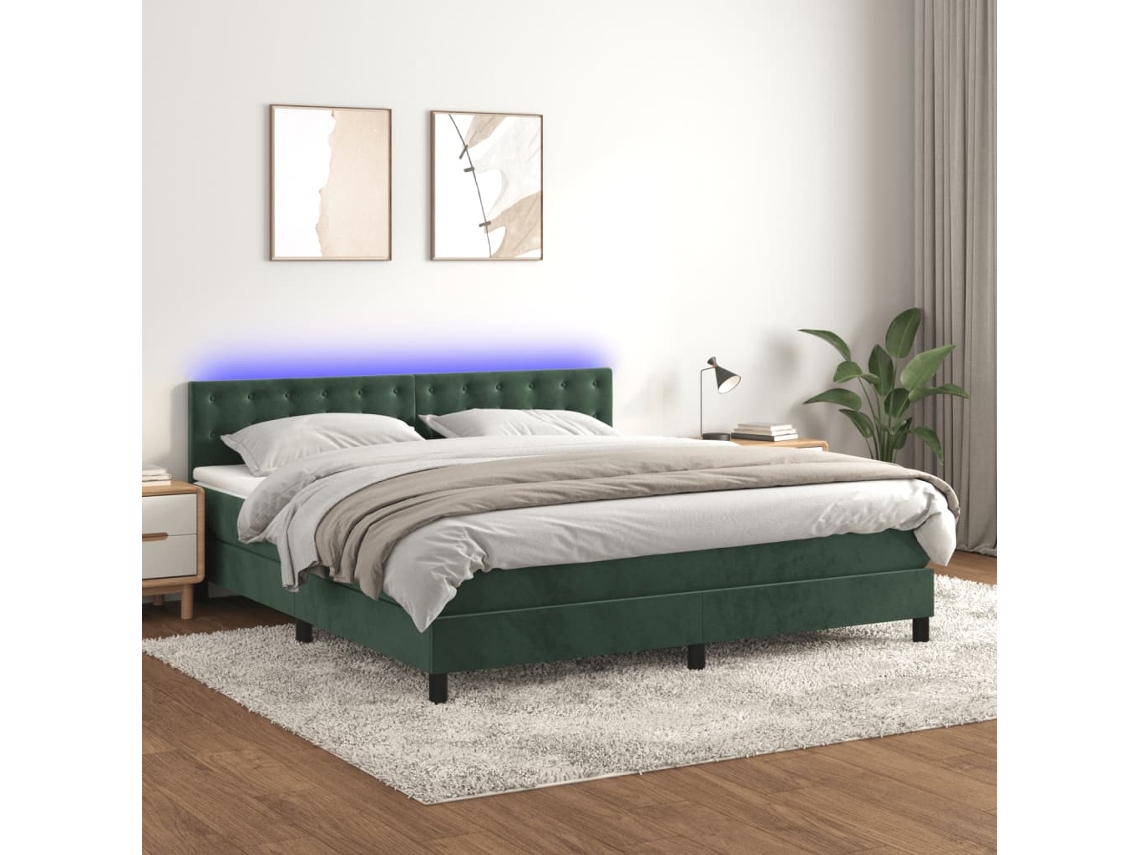 Cama Box Spring Colchón Y Led Terciopelo Verde Oscuro 160x200cm