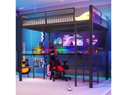 Cama Alta De 140x200 Mm, Color Negro, Con Iluminación Led Rgb Y Conexión Usb-c.